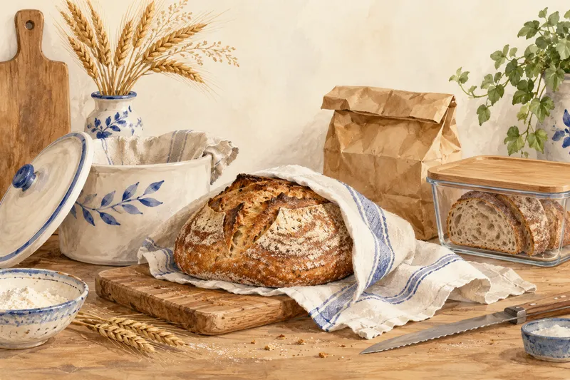 Illustration: Bread partly wrapped in cloth beside a paper bag and covered container