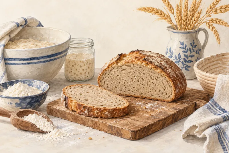 Illustration: Sliced sourdough loaf beside a starter jar