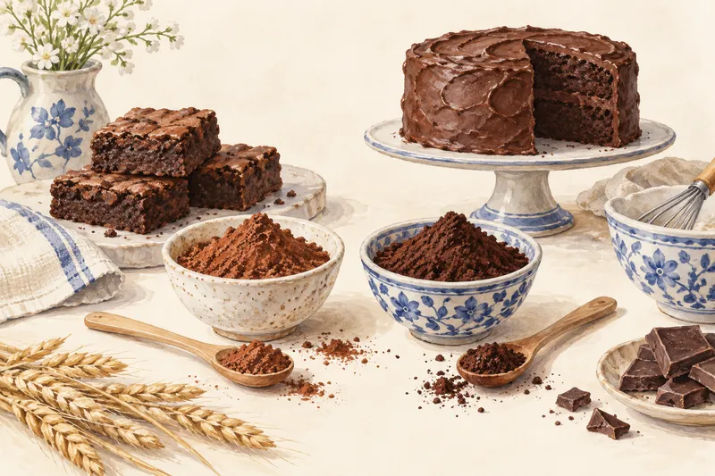 Illustration: Bowls of differently colored cocoa powders beside chocolate cake and brownies