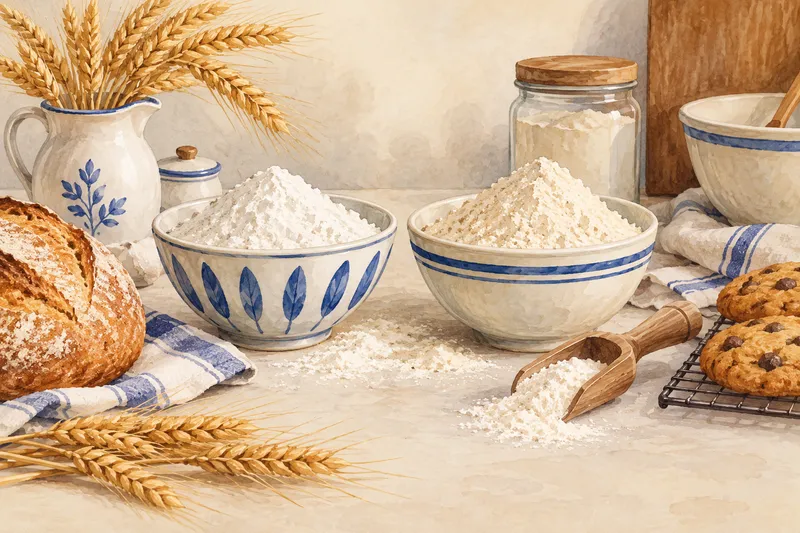 Illustration: Bowls of flour beside bread and cookies