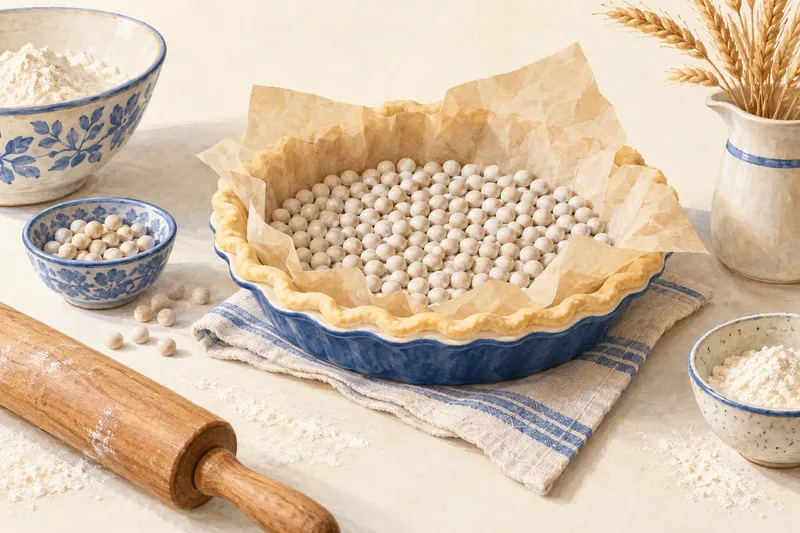 Illustration: Unbaked pie shell lined with parchment and ceramic pie weights