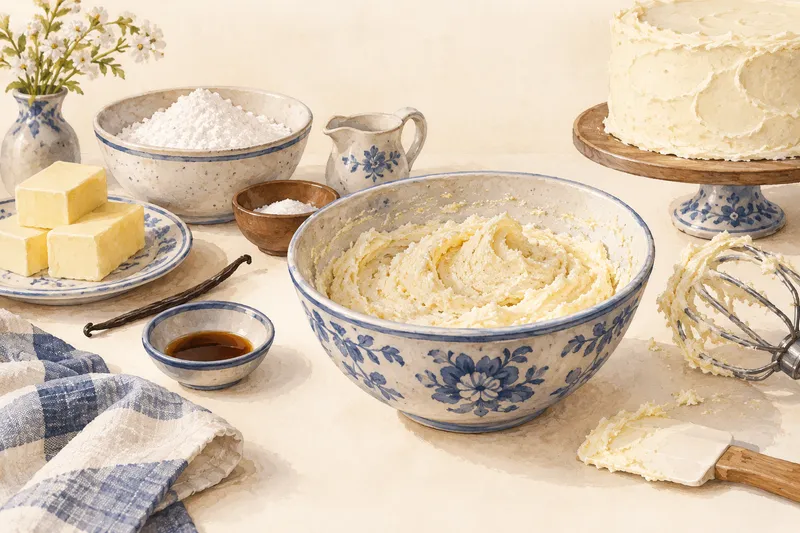 Illustration: Bowl of textured buttercream beside a whisk and cake