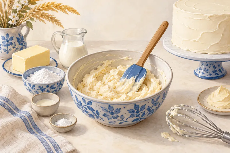 Illustration: Buttercream in a mixing bowl beside butter and cream