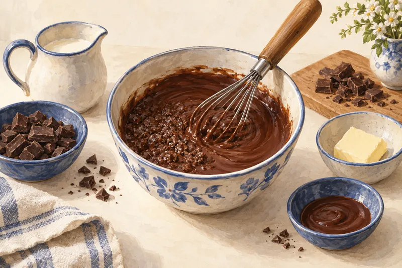 Illustration: Bowl of chocolate ganache with a whisk beside cream and chocolate pieces