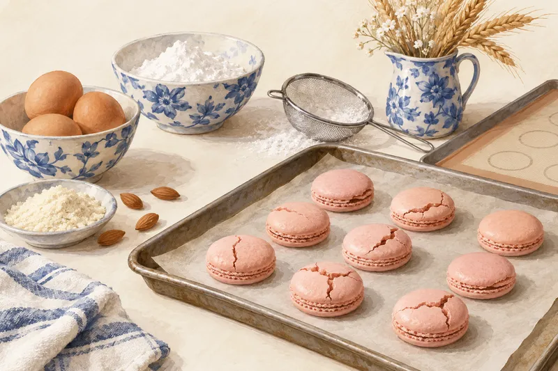 Illustration: Pink macaron shells on a tray beside almonds and a sieve