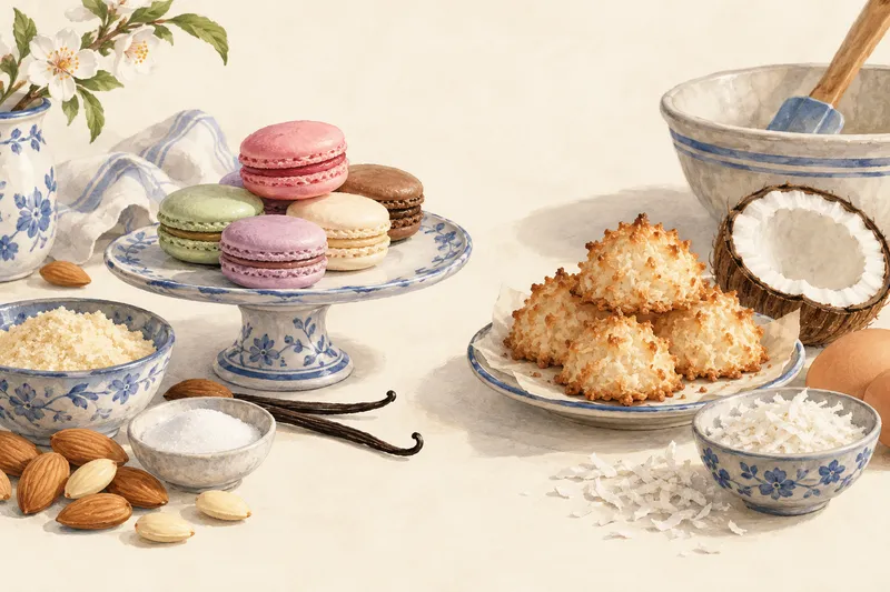 Illustration: Pastel sandwich macarons beside coconut macaroons
