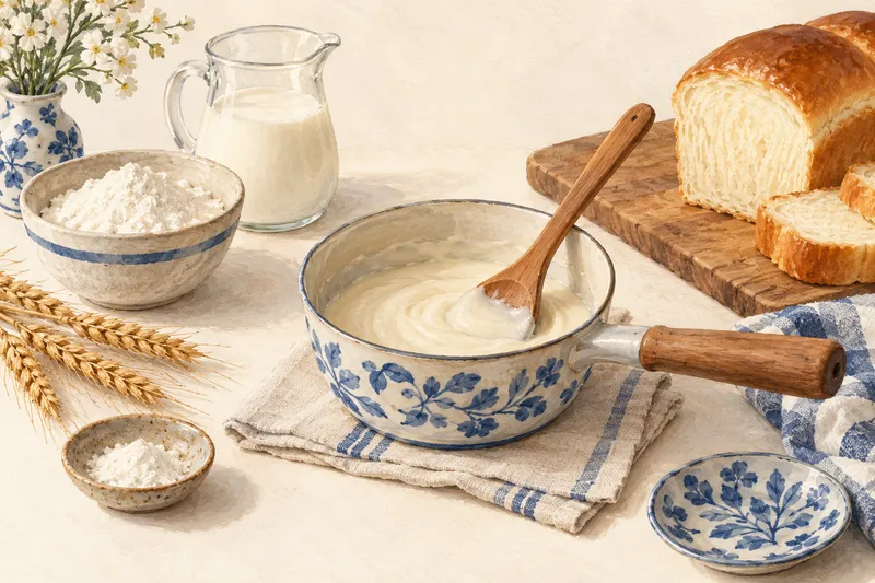 Illustration: Flour paste in a bowl beside a soft sliced loaf