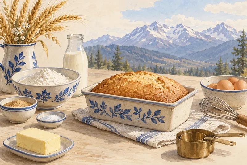 Illustration: Cake in a loaf pan beside baking ingredients with mountains in the background