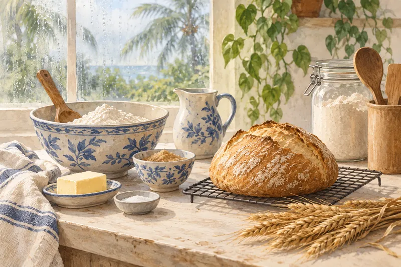 Illustration: Bread and baking ingredients beside a rain-streaked kitchen window