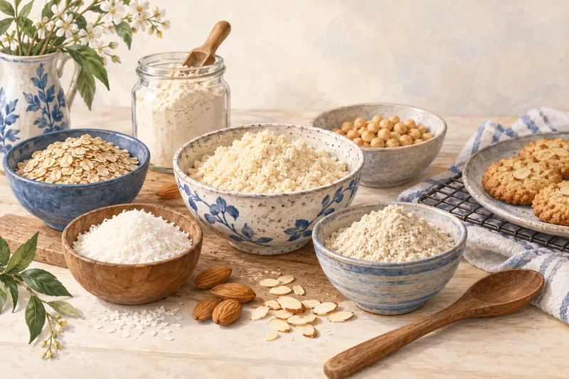 Illustration: Bowls of nut flour, oats, coconut, and chickpeas beside cookies