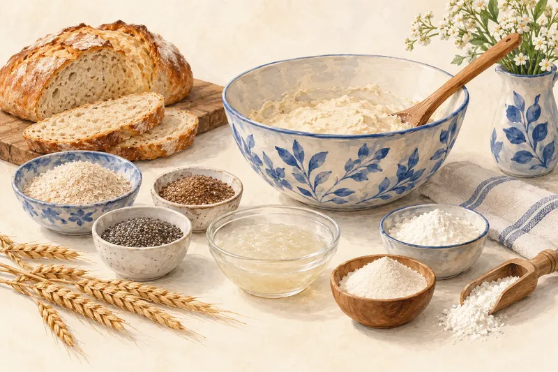 Illustration: Bowls of binding ingredients and a gel beside bread dough