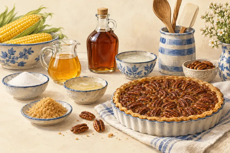 Illustration: Syrups and sugar beside a pecan pie