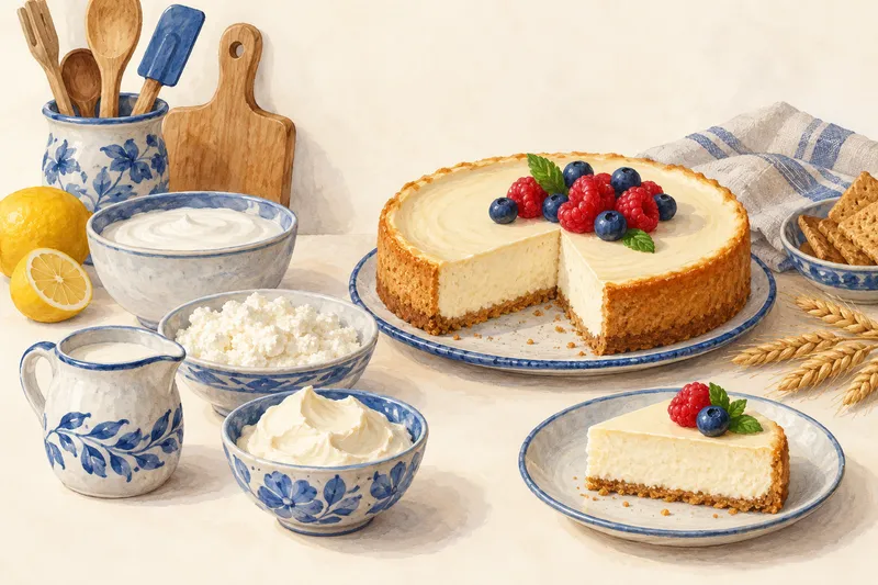 Illustration: Cheesecake beside bowls of dairy ingredients