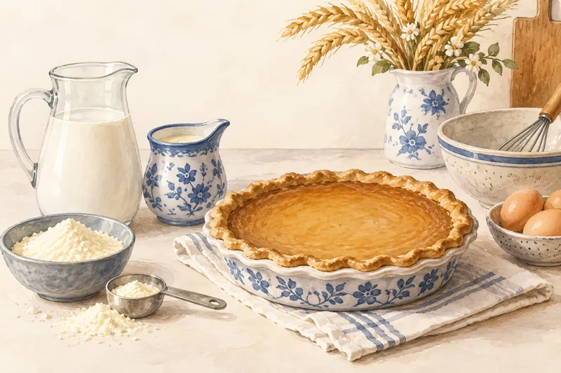 Illustration: Milk products in pitchers beside a custard pie
