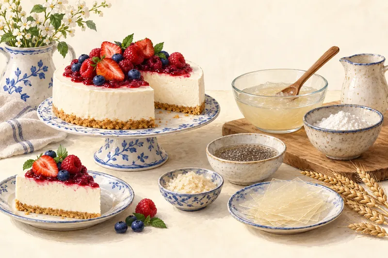 Illustration: Gelatin sheets and bowls of setting ingredients beside a dessert