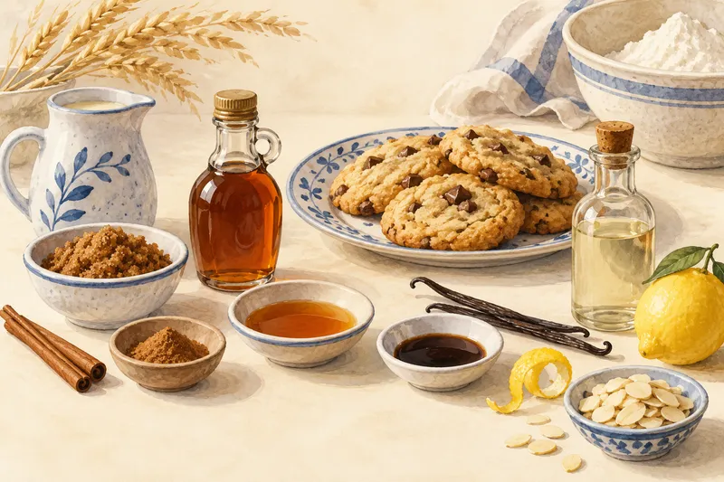 Illustration: Vanilla beans and flavoring bottles beside cookies and lemon