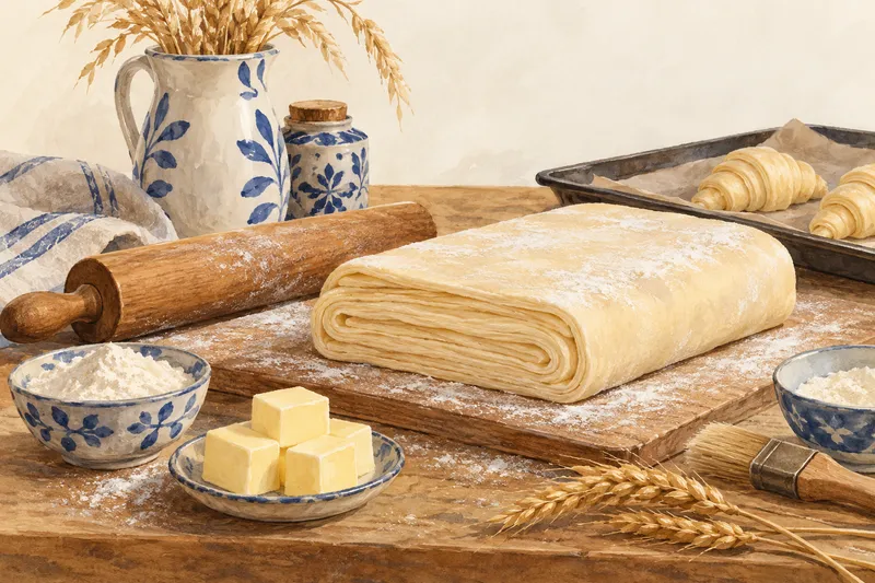 Illustration: Laminated dough showing its folded layers beside a rolling pin