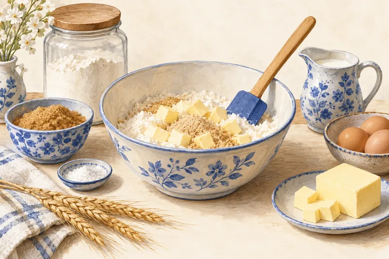 Illustration: Butter pieces in a bowl of dry cake ingredients beside milk and eggs