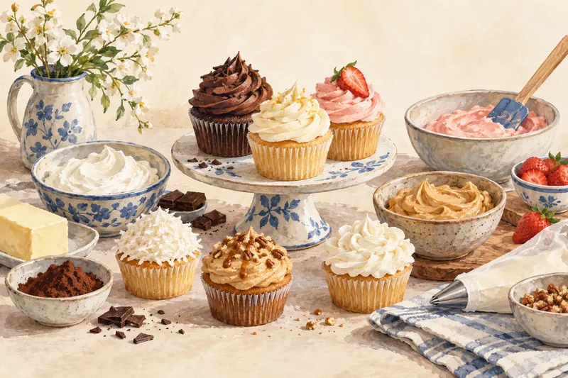 Illustration: Cupcakes with different frostings beside bowls and a piping bag