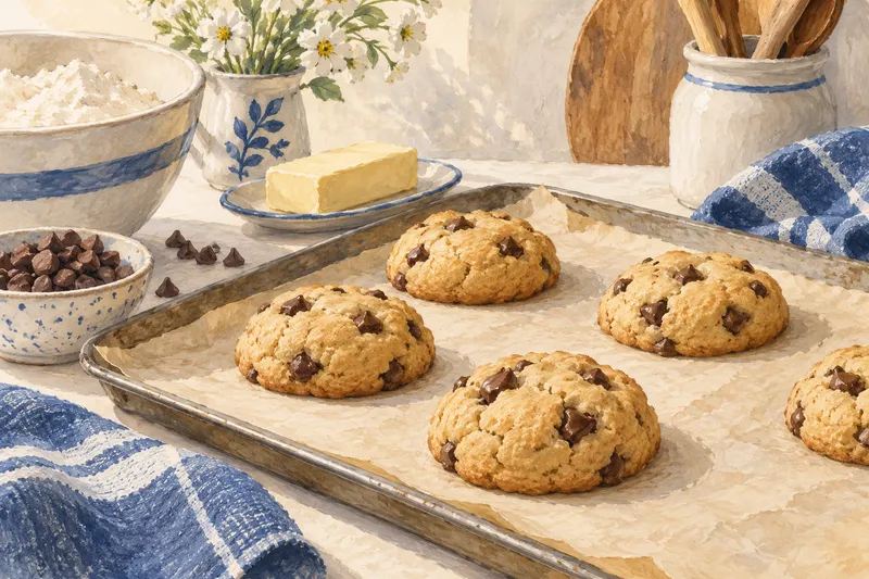Illustration of thick rounded cookies spaced across a baking tray