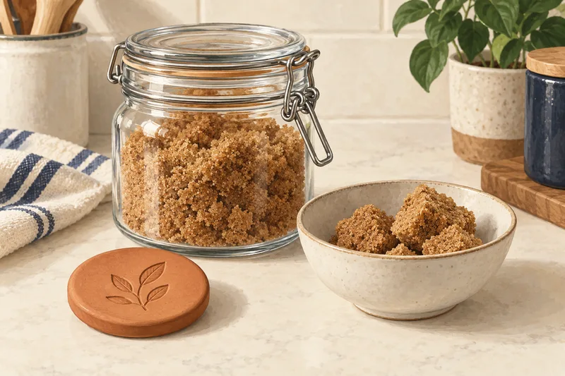 Illustration of brown sugar in a sealed jar, a bowl of sugar clumps, and a terracotta sugar saver