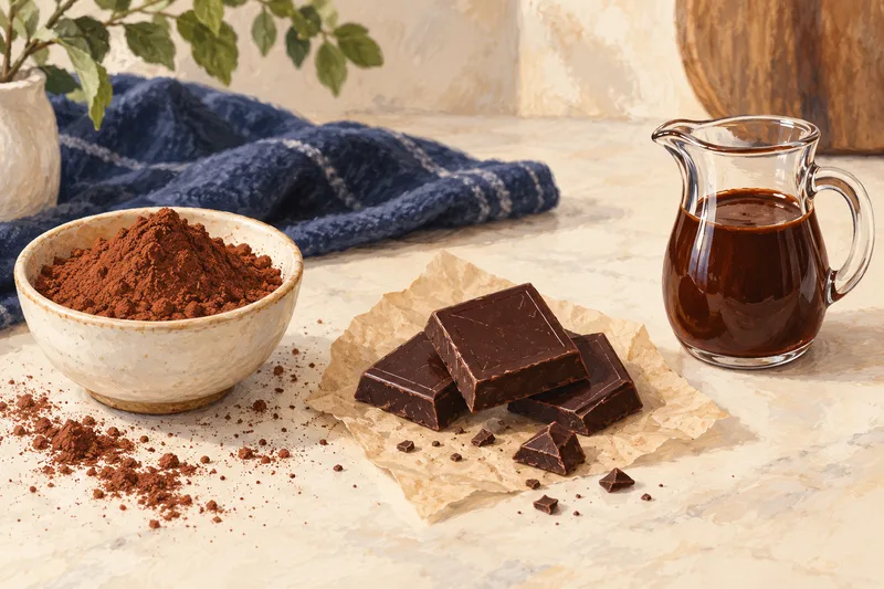 Illustration of separate cocoa powder, dark chocolate pieces, and chocolate syrup