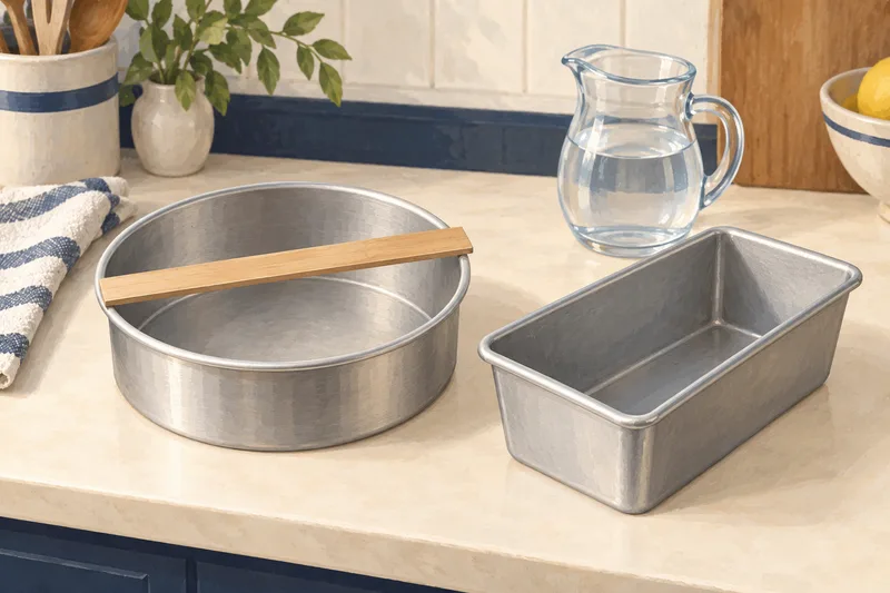 Illustration of empty round and loaf pans beside an unmarked ruler and water jug