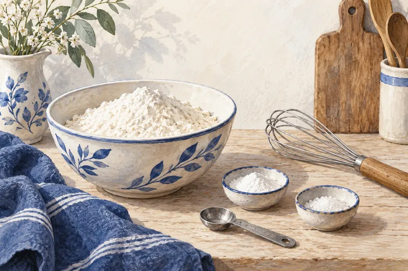 Illustration of flour and two small ingredient dishes beside a whisk