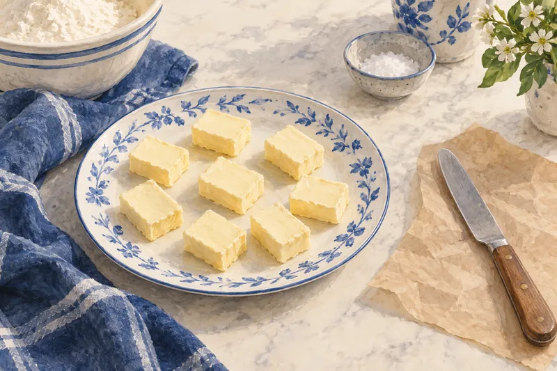 Illustration of separate pieces of butter in one layer on a plate