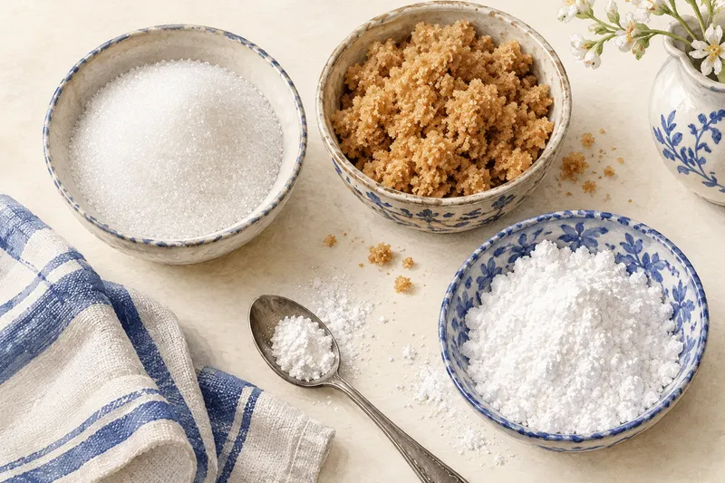 Illustration of bowls of granulated, brown, and powdered sugar